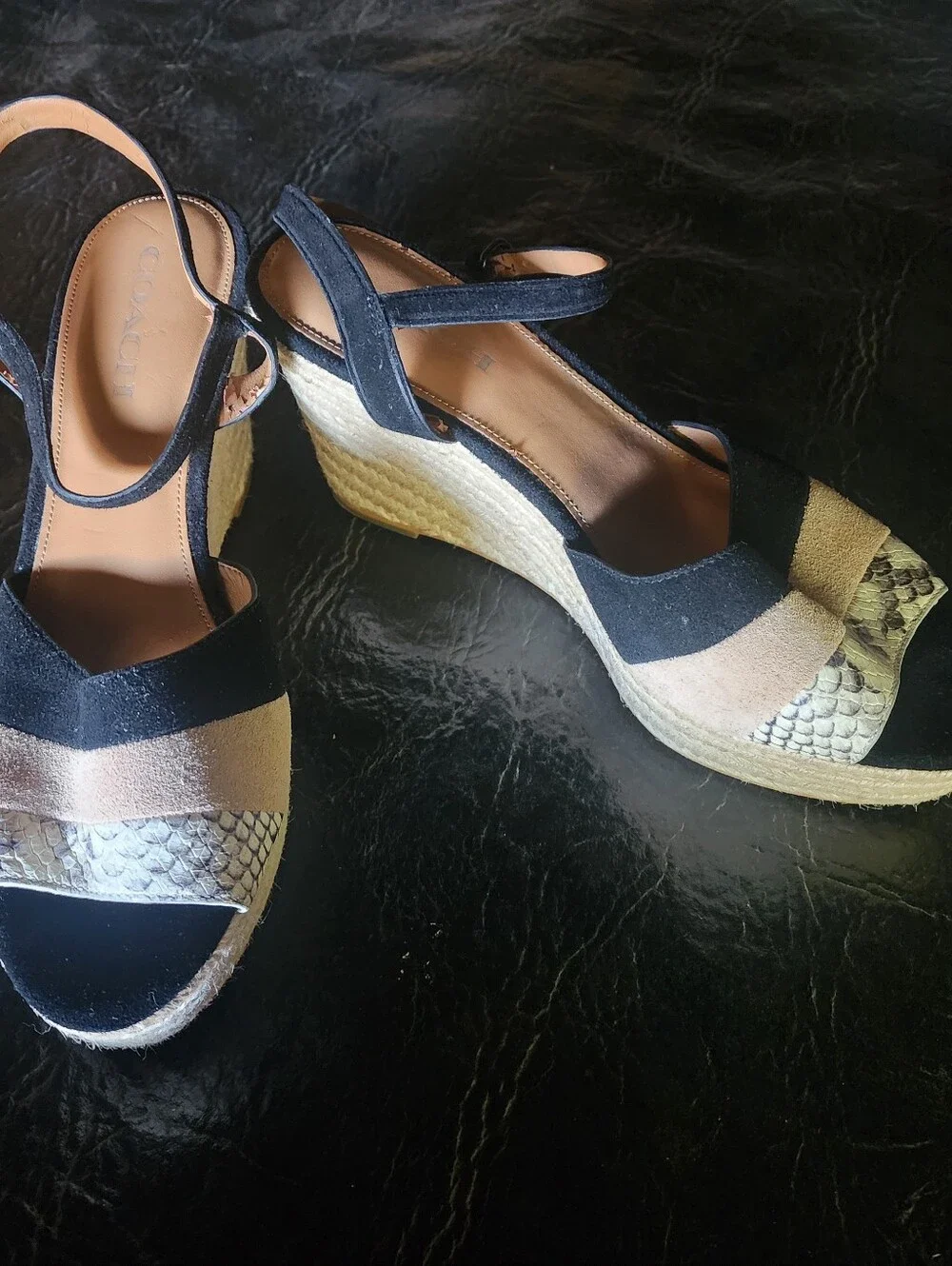 Coach Farren Suede Snake Black Chalk Platform Sandals Wedges Size 10*